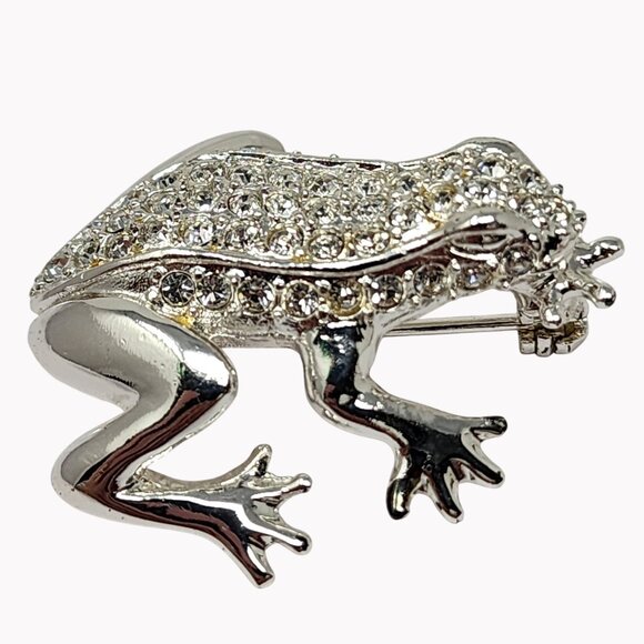 Roman Signed Clear Rhinestones Silver Tone Frog Brooch Pin Jewelry 1.25 Inches - Picture 2 of 7